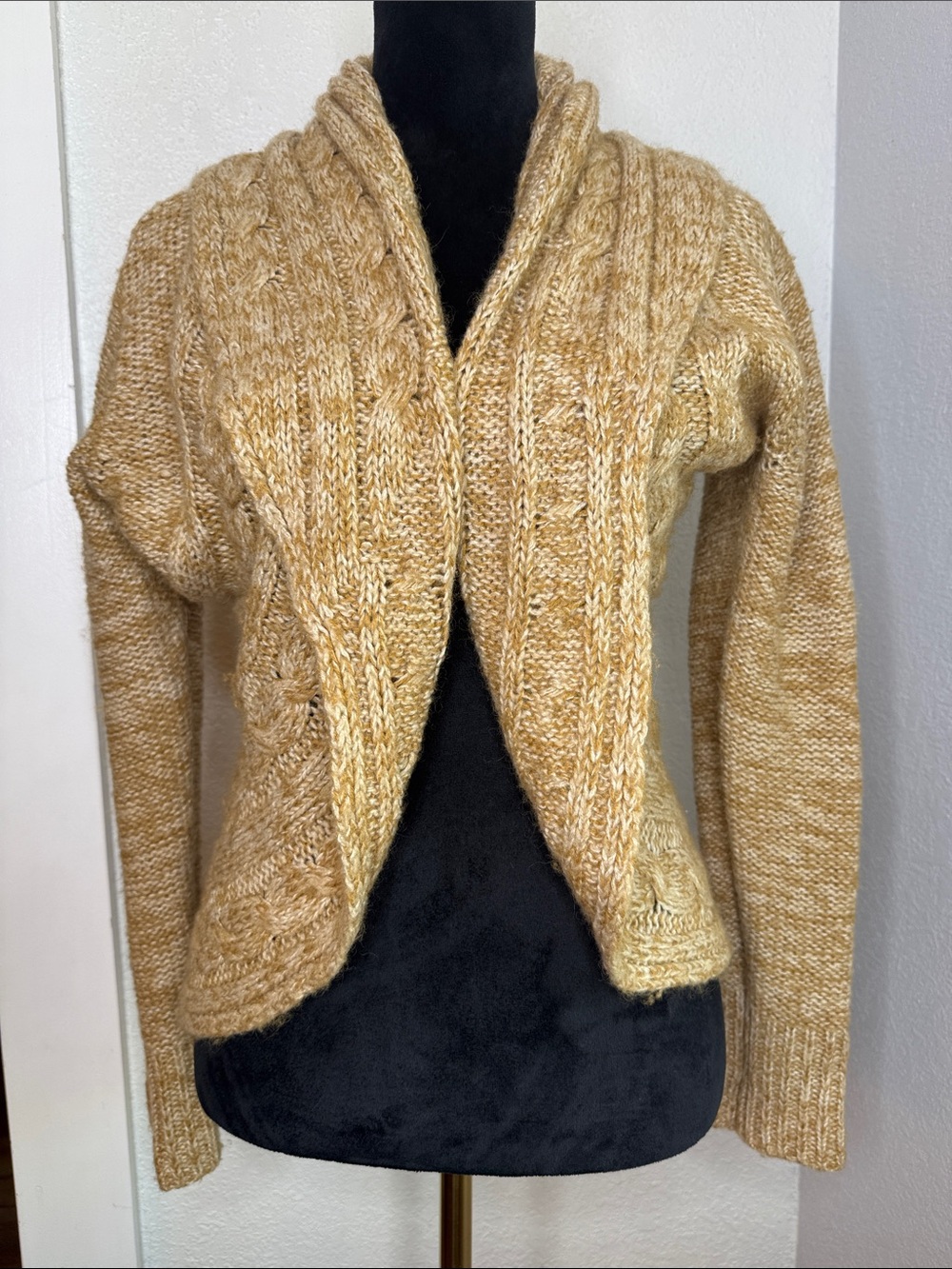 Boho Marled Cable Chunky Knit Shawl Collar Shrug Sweater XL Wool Blend Cozy